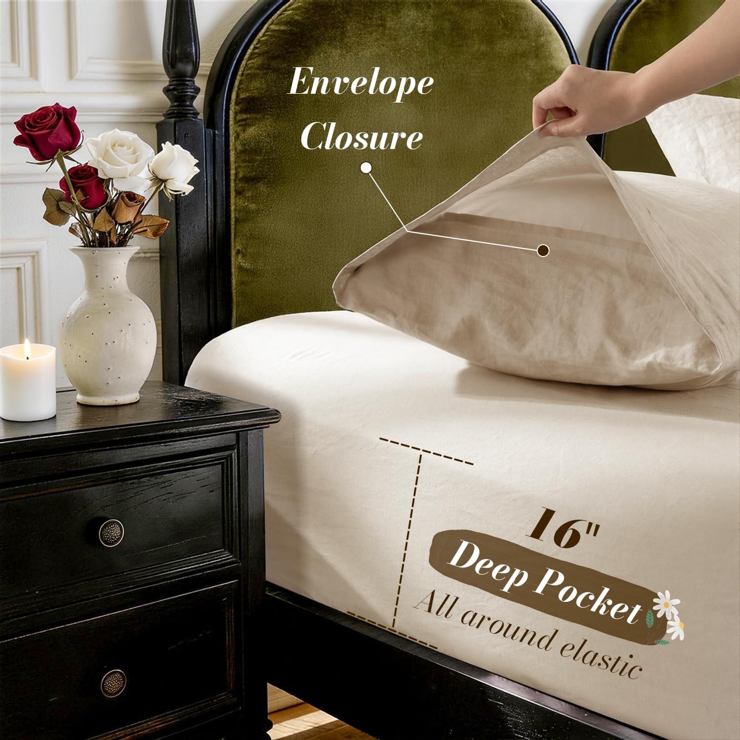 100% French Linen King Size Sheets Set,Natural Flax Bedding | Cooling for Hot Sleepers,Anti-Tear,Breathable Durable,16" Deep Pocket,Machine Washable,4Pc,Natural Linen