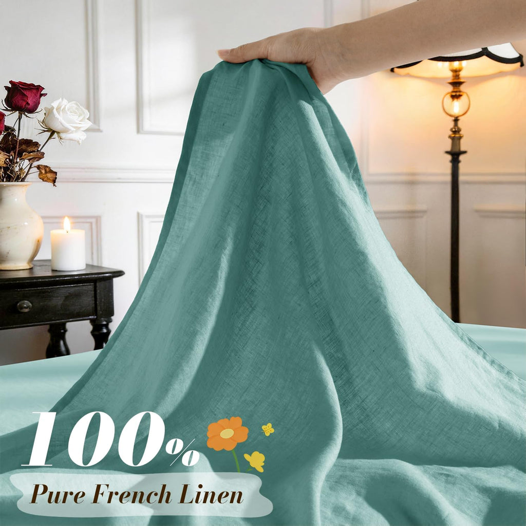 100% French Linen King Size Sheets Set,Natural Flax Bedding | Cooling for Hot Sleepers,Anti-Tear,Breathable Durable,16" Deep Pocket,Machine Washable,4Pc,Aqua