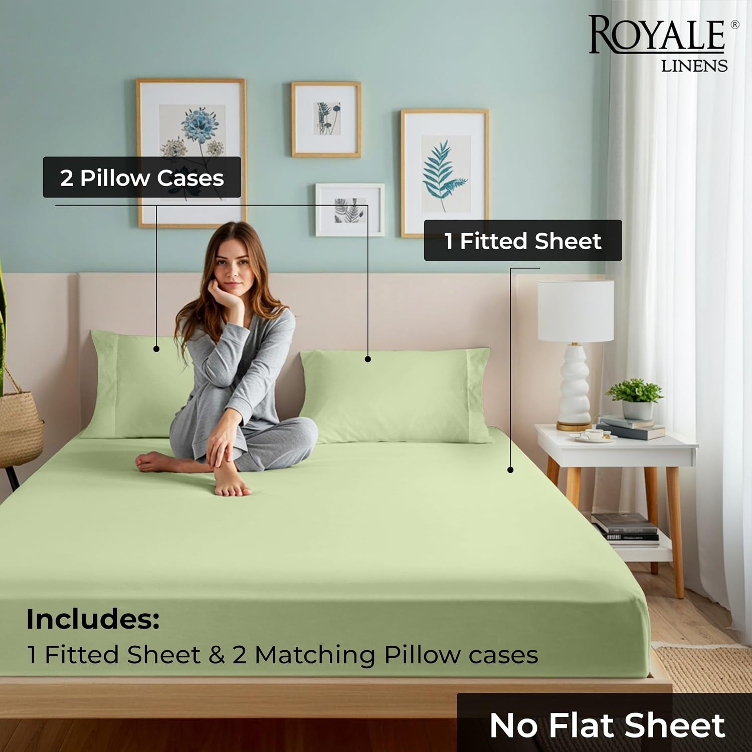 Royale Linen Fitted Sheet with Pillowcases - Queen Fitted Sheets with 2 Pillowcase - 300 Thread Count 100% Organic Cotton - Fit Mattress up to 18" Deep - Soft & Breathable - Sage Green (No Flat Sheet)
