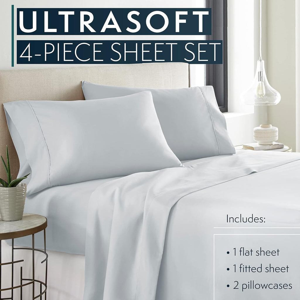 Bed Sheets Set Queen with 2 Pillowcases, Hotel Luxury Platinum 1800 Series Brushed Microfiber Deep Pocket Fitted Sheet, Fade Resistant Ultra Soft 4 Pcs Bedding for Hot Sleepers, Ice Blue