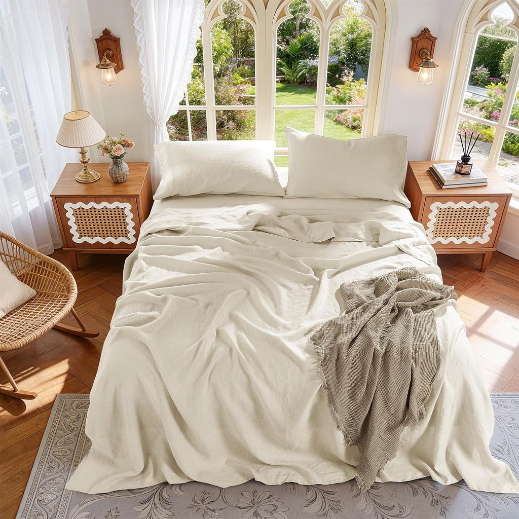 100% French Pure Linen Sheets King Size,Soft & Durable | Breathable for Hot Sleepers,Anti-Tear Linen Bed Sheets,Moisture Wicking,16" Deep Pocket - 4 Piece,Cream