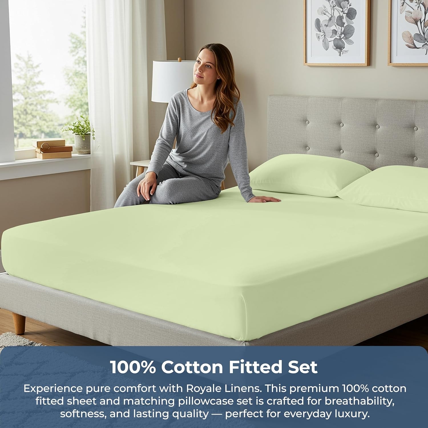 Royale Linen Fitted Sheet with Pillowcases - Queen Fitted Sheets with 2 Pillowcase - 300 Thread Count 100% Organic Cotton - Fit Mattress up to 18" Deep - Soft & Breathable - Sage Green (No Flat Sheet)