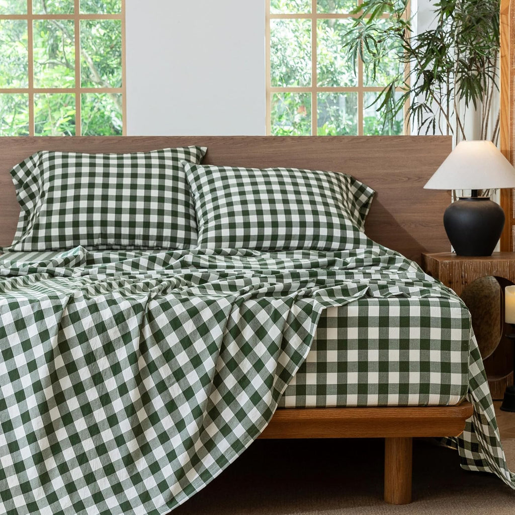 Gingham Sheet Set 100% Washed Cotton Linen-Like Deep Pocket King | Relaxed Linen-Like Texture. Soft, Breathable & Lightweight Comfort. 15–19" Extra Deep Pocket with All-Around Elastic