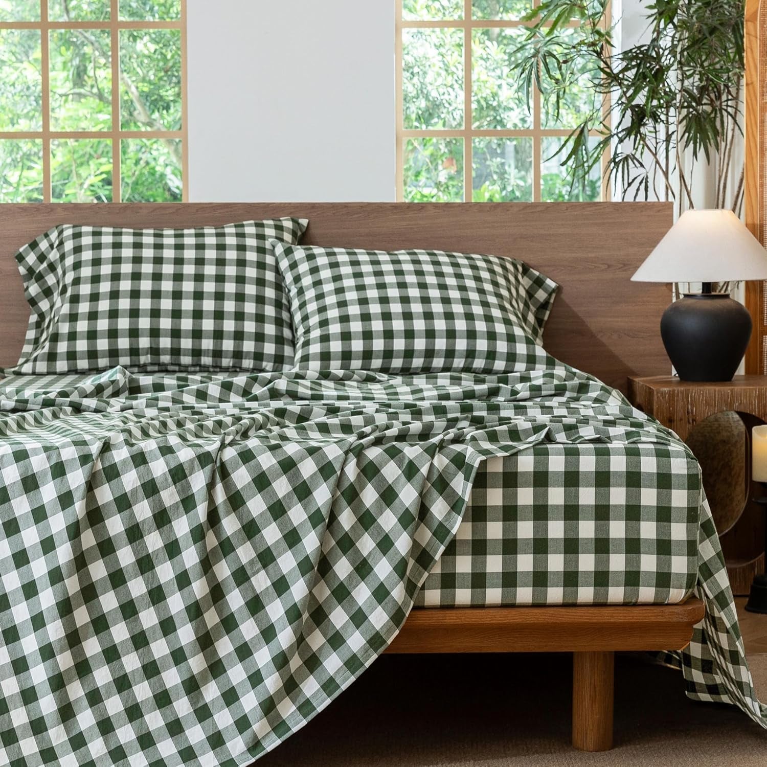 Gingham Sheet Set 100% Washed Cotton Linen-Like Deep Pocket King | Relaxed Linen-Like Texture. Soft, Breathable & Lightweight Comfort. 15–19" Extra Deep Pocket with All-Around Elastic
