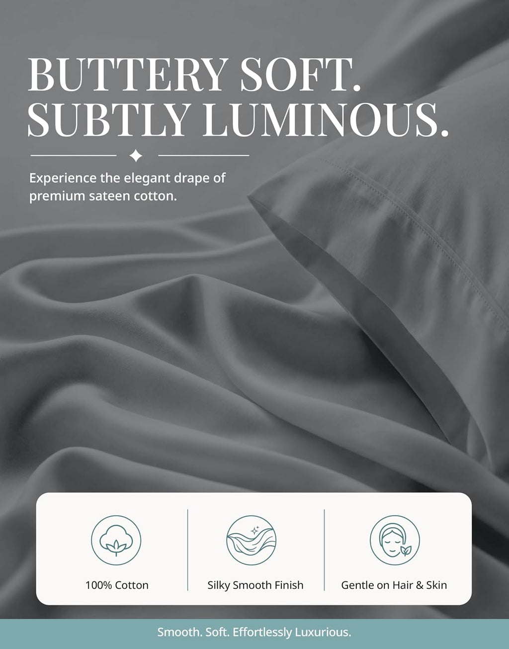 Bed Sheets Queen Size - 450TC 100% Cotton Sateen Weave, Charcoal | Soft, Breathable, Cooling & Silky Queen Sheet Set - 15 Inch Deep Pocket, OEKO-TEX Certified, Hotel Luxury