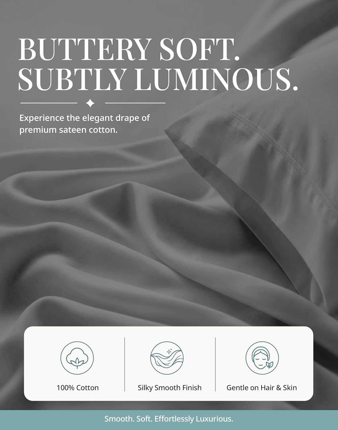Bed Sheets Queen Size - 450TC 100% Cotton Sateen Weave, Charcoal | Soft, Breathable, Cooling & Silky Queen Sheet Set - 15 Inch Deep Pocket, OEKO-TEX Certified, Hotel Luxury