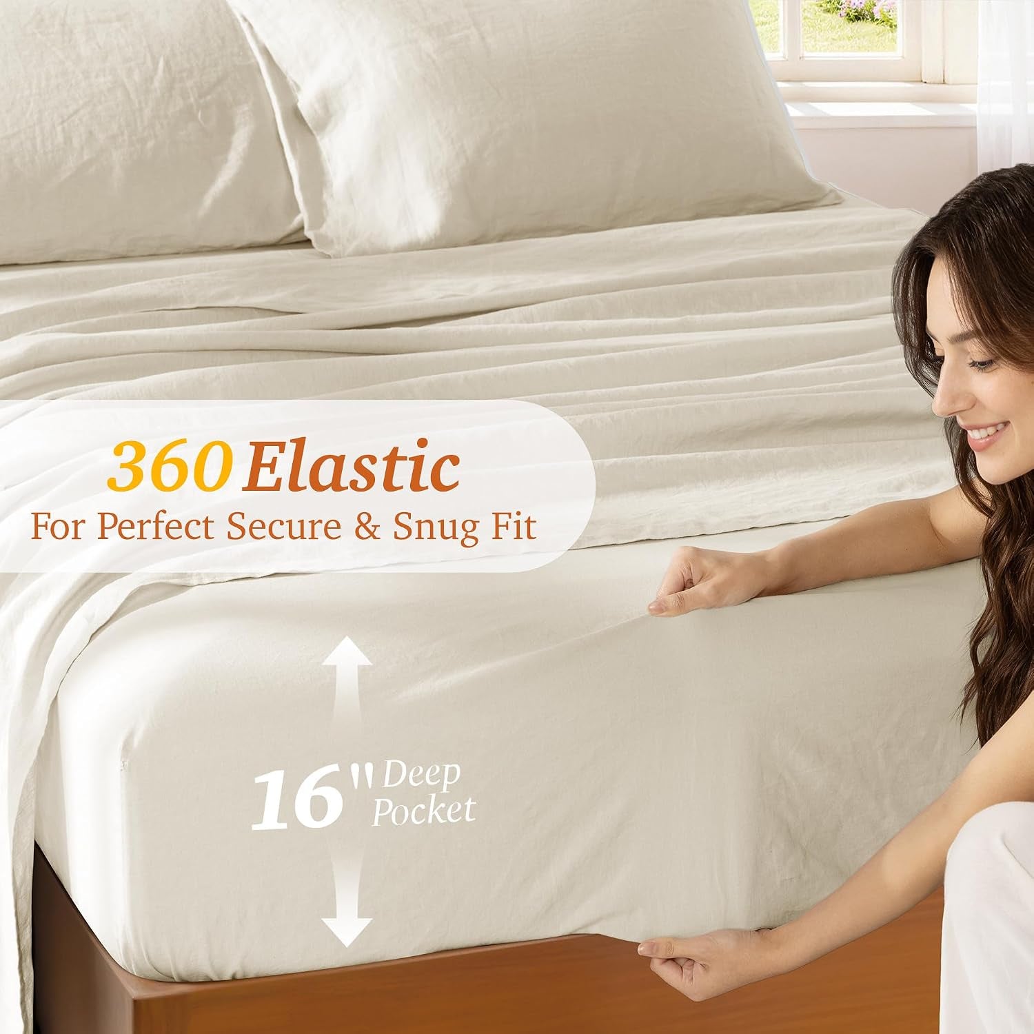 100% French Pure Linen Sheets King Size,Soft & Durable | Breathable for Hot Sleepers,Anti-Tear Linen Bed Sheets,Moisture Wicking,16" Deep Pocket - 4 Piece,Cream