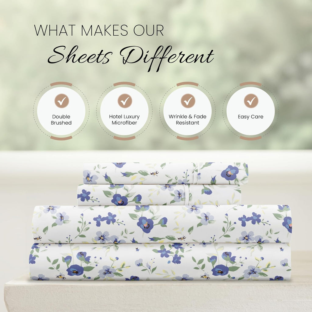 4 Piece Queen Sheet Set - Breathable, Double-Brushed Patterned Cooling Sheets – Ultra Soft & Wrinkle-Free 16" Deep-Pocket Queen Sheets - Easy Care Blossoms Light Blue