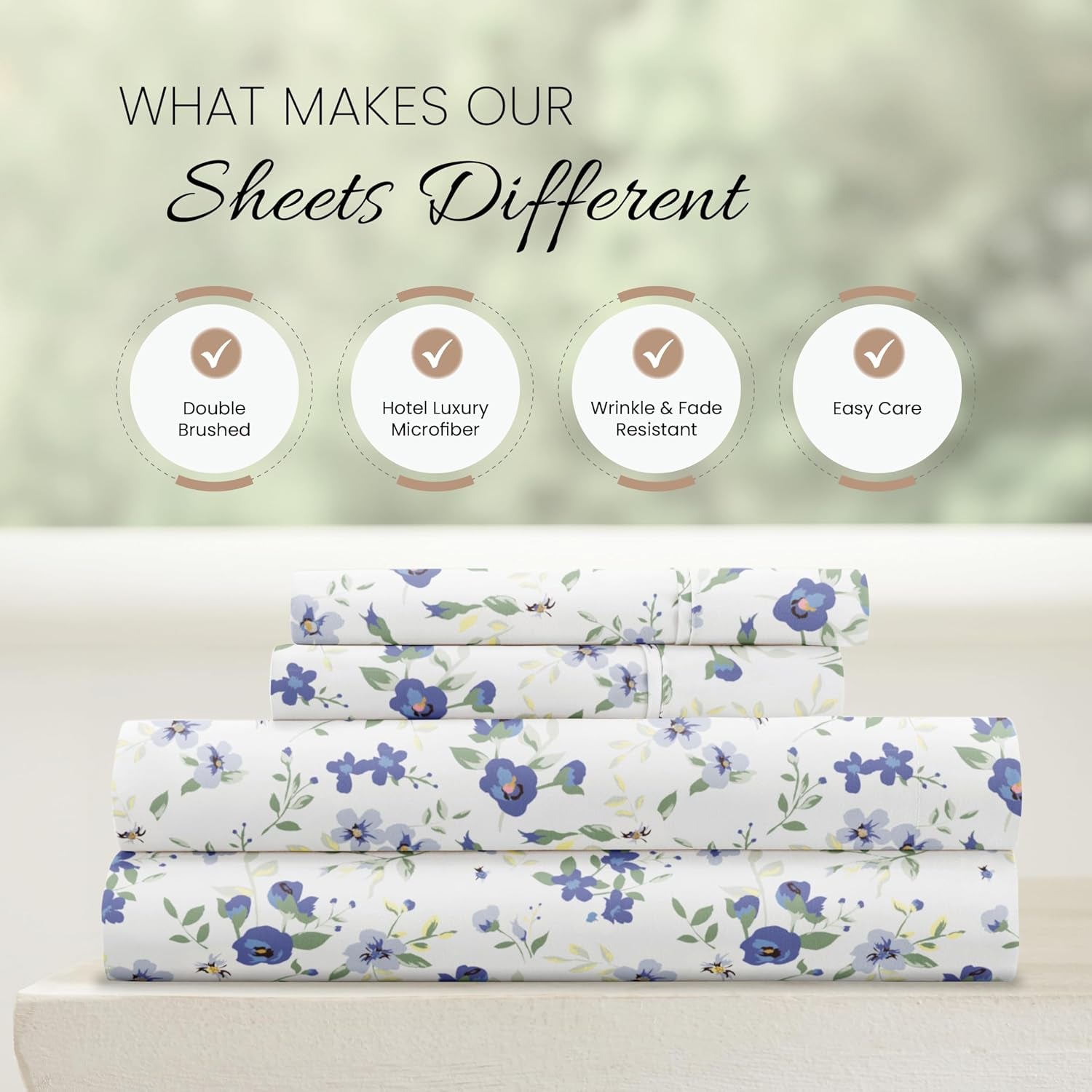 4 Piece Queen Sheet Set - Breathable, Double-Brushed Patterned Cooling Sheets – Ultra Soft & Wrinkle-Free 16" Deep-Pocket Queen Sheets - Easy Care Blossoms Light Blue