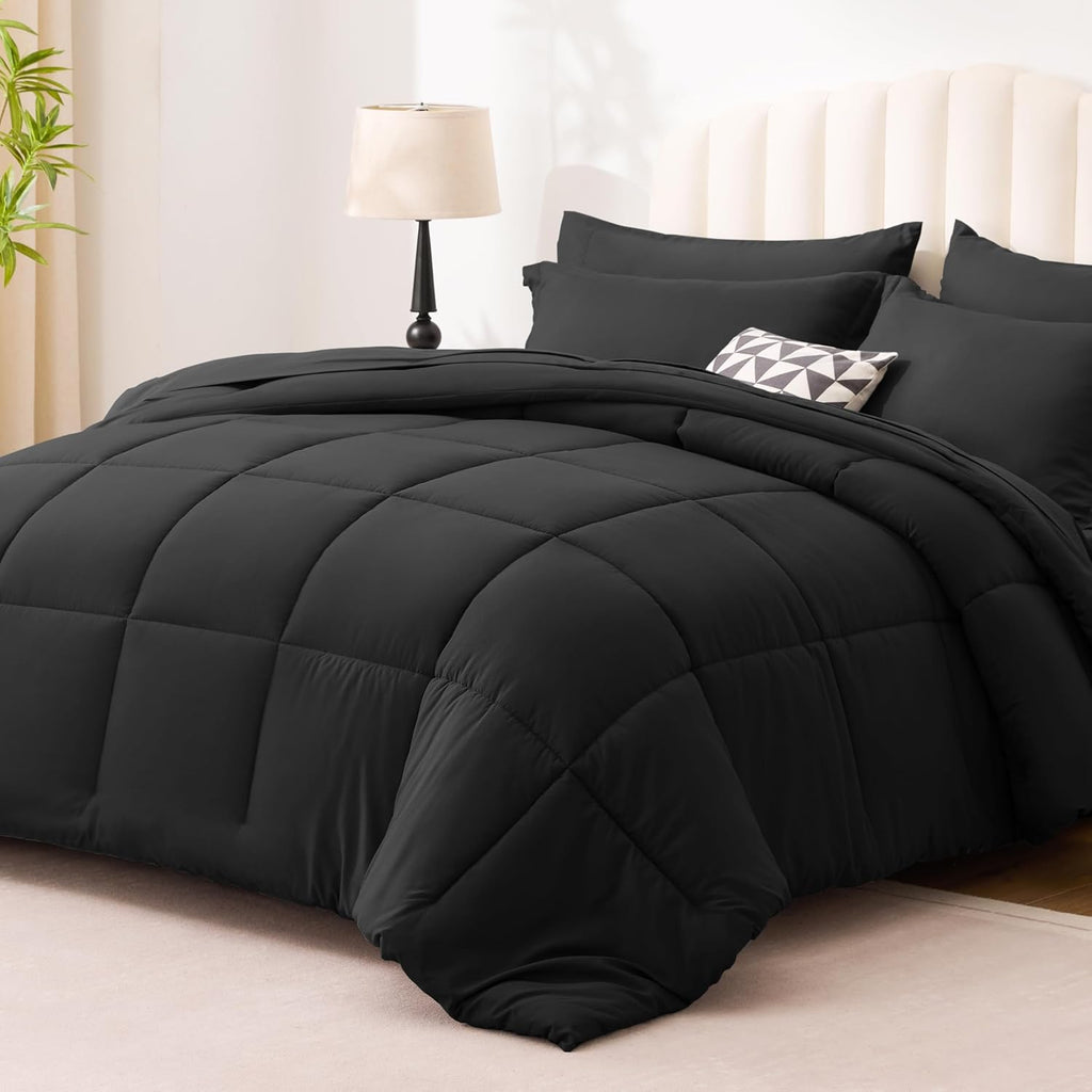 Full Comforter Set Ash Black, 7 Pieces Full Bed in a Bag, All Season Bedding Sets with 1 Comforter, 1 Flat Sheet, 1 Fitted Sheet, 2 Pillowcase and 2 Pillow Sham