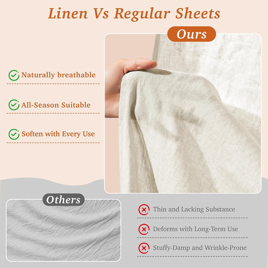 100% French Pure Linen Sheets King Size,Soft & Durable | Breathable for Hot Sleepers,Anti-Tear Linen Bed Sheets,Moisture Wicking,16" Deep Pocket - 4 Piece,Cream