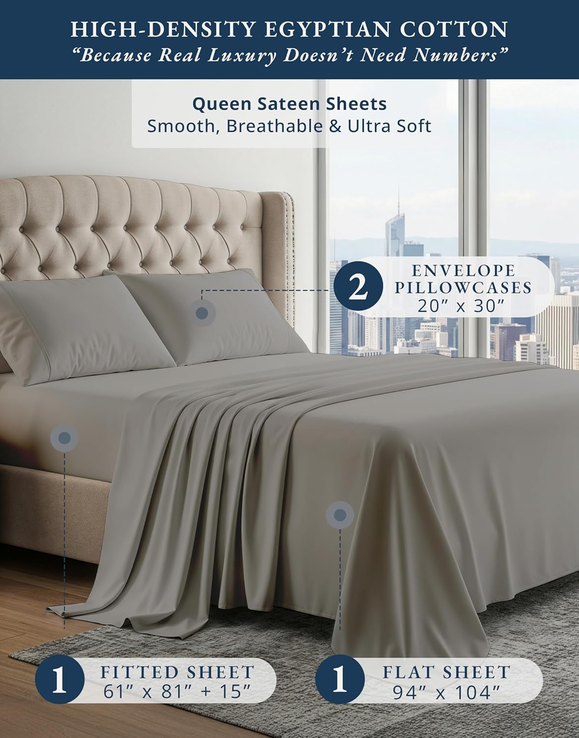 Queen Sheet Set 100% Egyptian Cotton Sateen - Charcoal | Queen Bed Sheets - 4-Piece Set, for a Luxurious Night'S Sleep, for a Silky Hotel-Style Bed, Styles a Master Bedroom