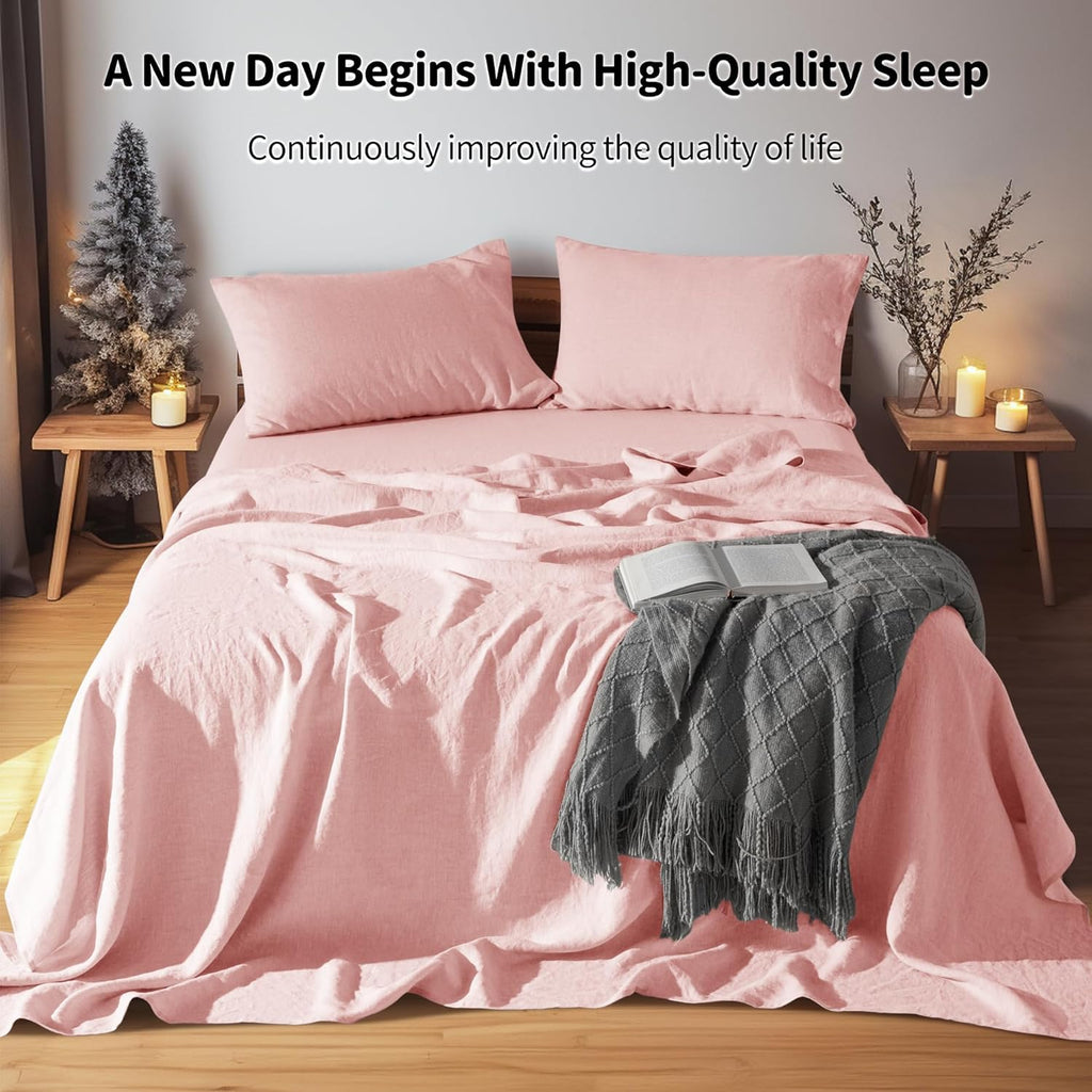 100% French Organic Linen Sheet Set 4Pcs, 16" Deep Pocket Queen Size | Pure Linen Bed Sheet, Natural Flax, Soft Breathable Sheets for Hot Sleepers, Durable, and Cozy for All Seasons, Blush Pink