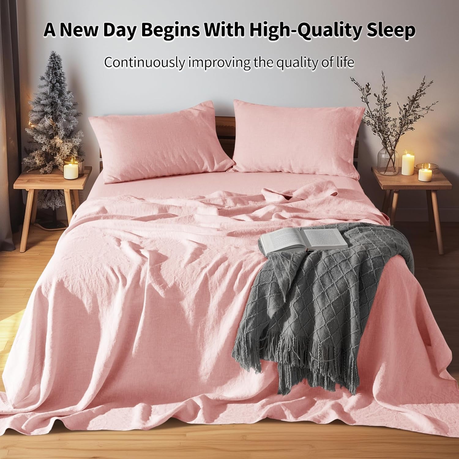 100% French Organic Linen Sheet Set 4Pcs, 16" Deep Pocket Queen Size | Pure Linen Bed Sheet, Natural Flax, Soft Breathable Sheets for Hot Sleepers, Durable, and Cozy for All Seasons, Blush Pink