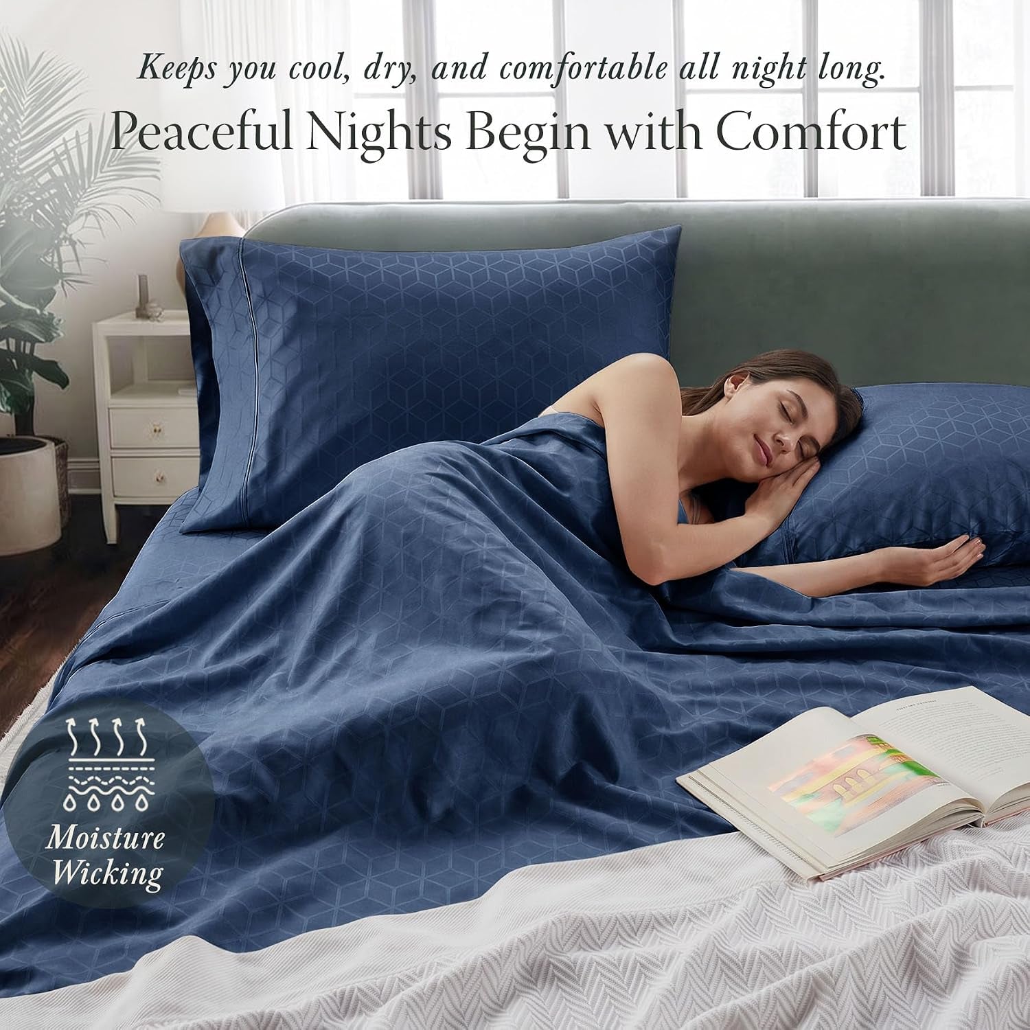 400TC Egyptian Cotton Queen Sheet Set, Jacquard, Folkstone Blue | 100% Egyptian Cotton, Jacquard Pattern, 4-Piece Set, 16" Deep Pocket, Cooling, OEKO-TEX Certified, Machine Washable
