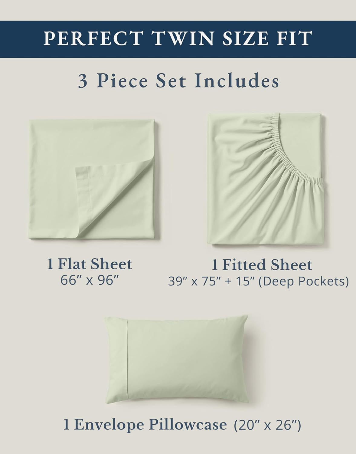 100% Organic Cotton Twin Sheets, Soft & Comfy Percale Weave Mercerized Fully Elasticized Reinforsed Seam Naturally Temperature Regulating Cotton Sheets Twin- Mineral