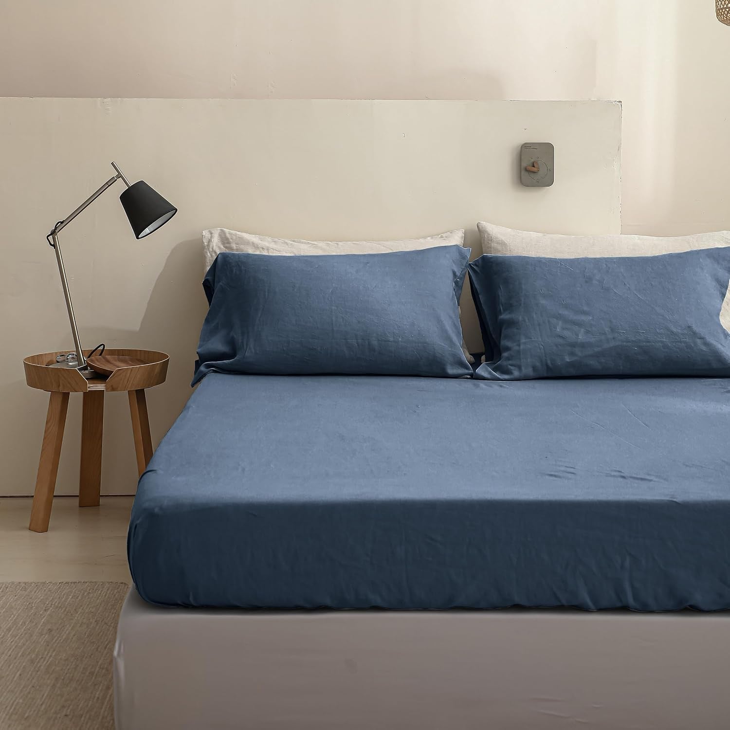 100% Linen Sheets Queen Size Set, 4 Pcs Natural French Linen Bed Sheets, Breathable Soft Durable Bedding Set for All Season (Classic Blue, Queen)