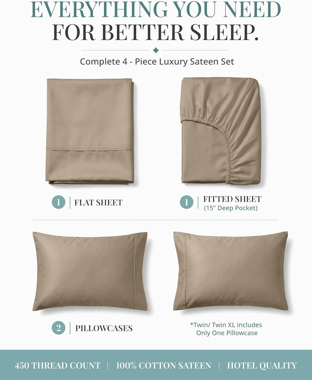 Queen Sheets - 450TC 100% Long-Staple Cotton Sateen Weave, Taupe | Soft & Breathable Queen Sheet Set - Cooling, Silky, Snug 15 Inch Deep Pocket, Hotel Luxury, OEKO-TEX Certified