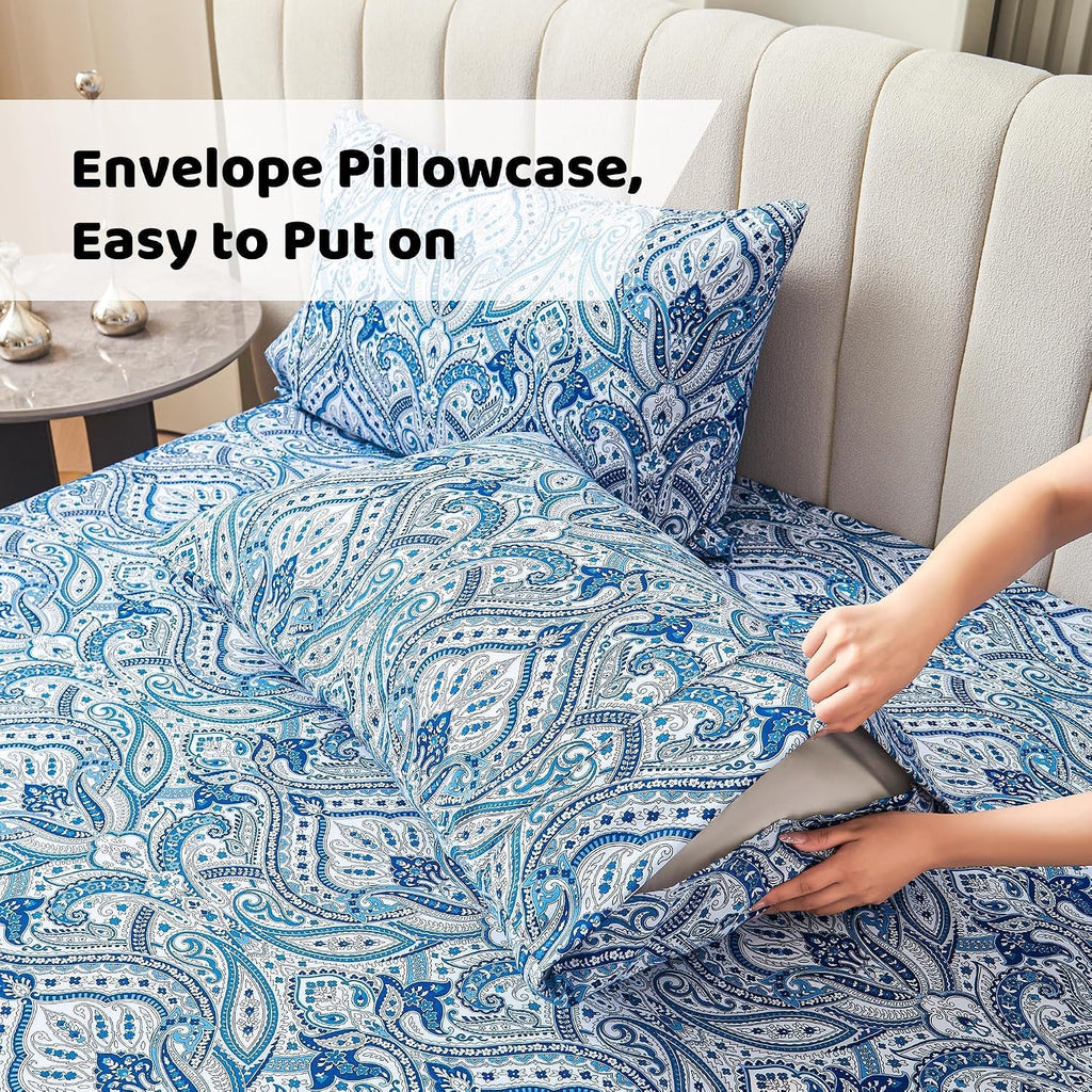 Blue Paisley Printed Queen Size Sheet Set, Blue Floral Sheets Queen, Cozy Microfiber Fitted Sheet with 15" Deep Pocket & Non-Slip Straps, Flower Patterned Sheets & Pillowcase Sets