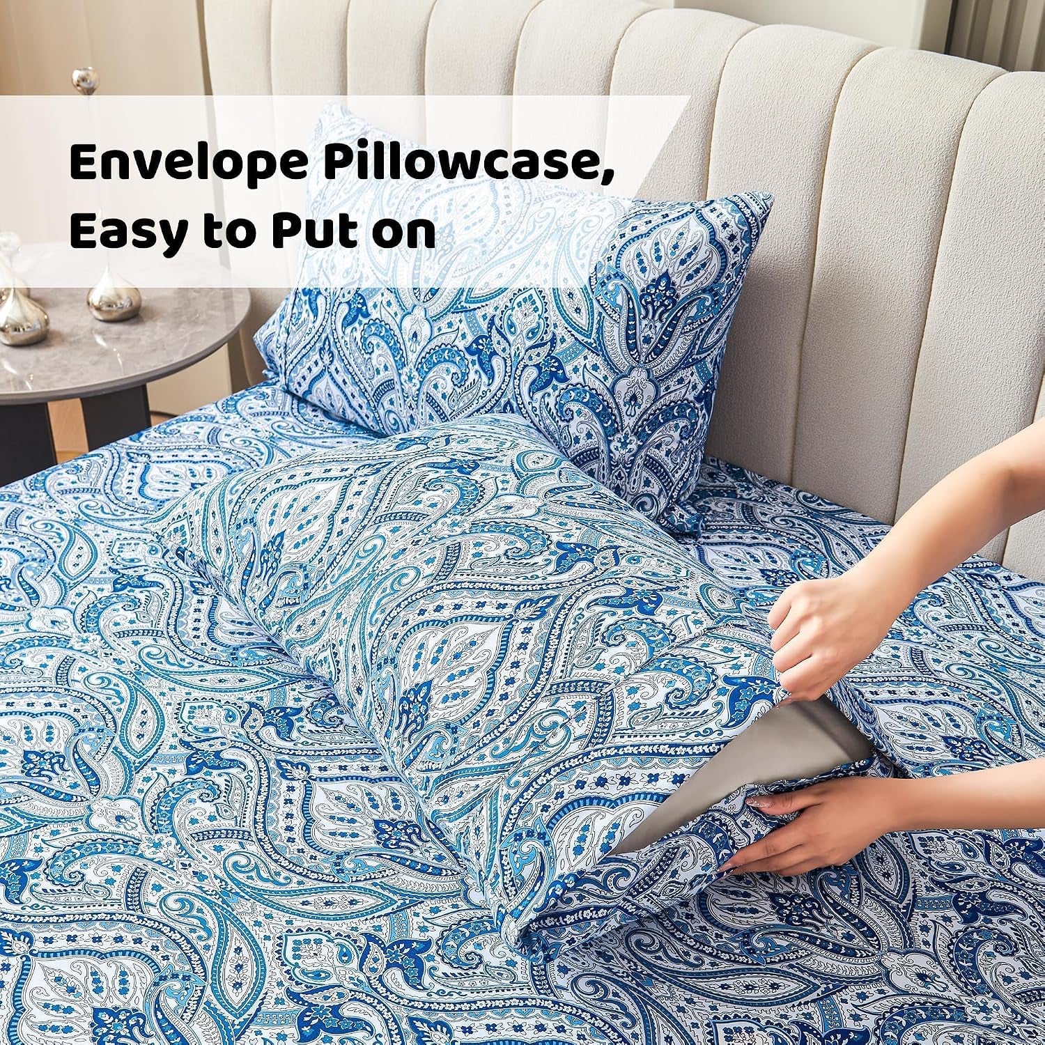 Blue Paisley Printed Queen Size Sheet Set, Blue Floral Sheets Queen, Cozy Microfiber Fitted Sheet with 15" Deep Pocket & Non-Slip Straps, Flower Patterned Sheets & Pillowcase Sets