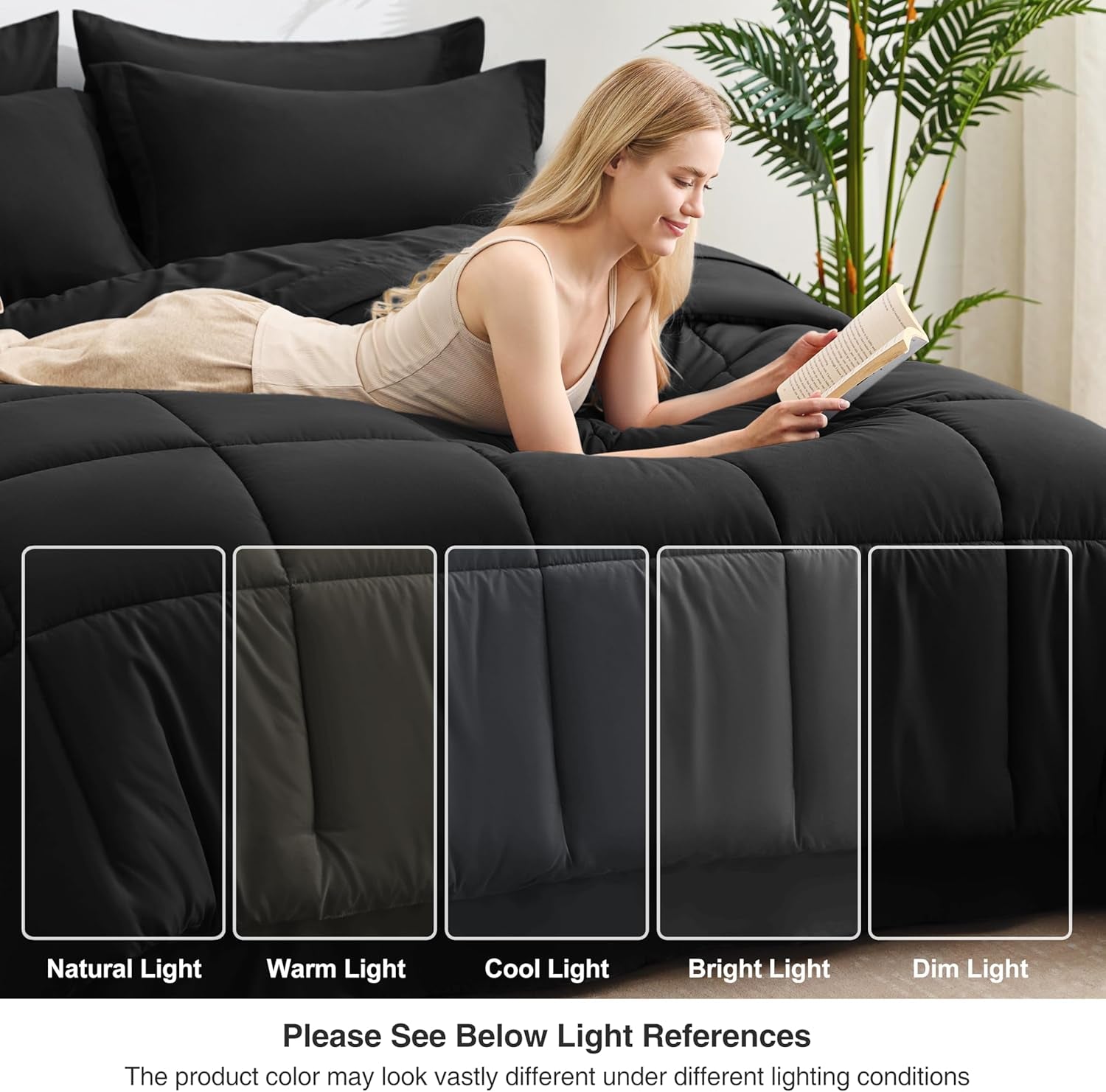 Full Comforter Set Ash Black, 7 Pieces Full Bed in a Bag, All Season Bedding Sets with 1 Comforter, 1 Flat Sheet, 1 Fitted Sheet, 2 Pillowcase and 2 Pillow Sham