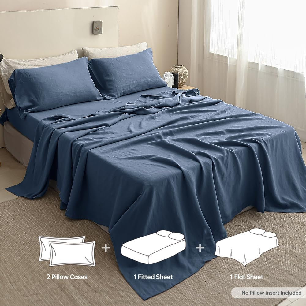 100% Linen Sheets Queen Size Set, 4 Pcs Natural French Linen Bed Sheets, Breathable Soft Durable Bedding Set for All Season (Classic Blue, Queen)