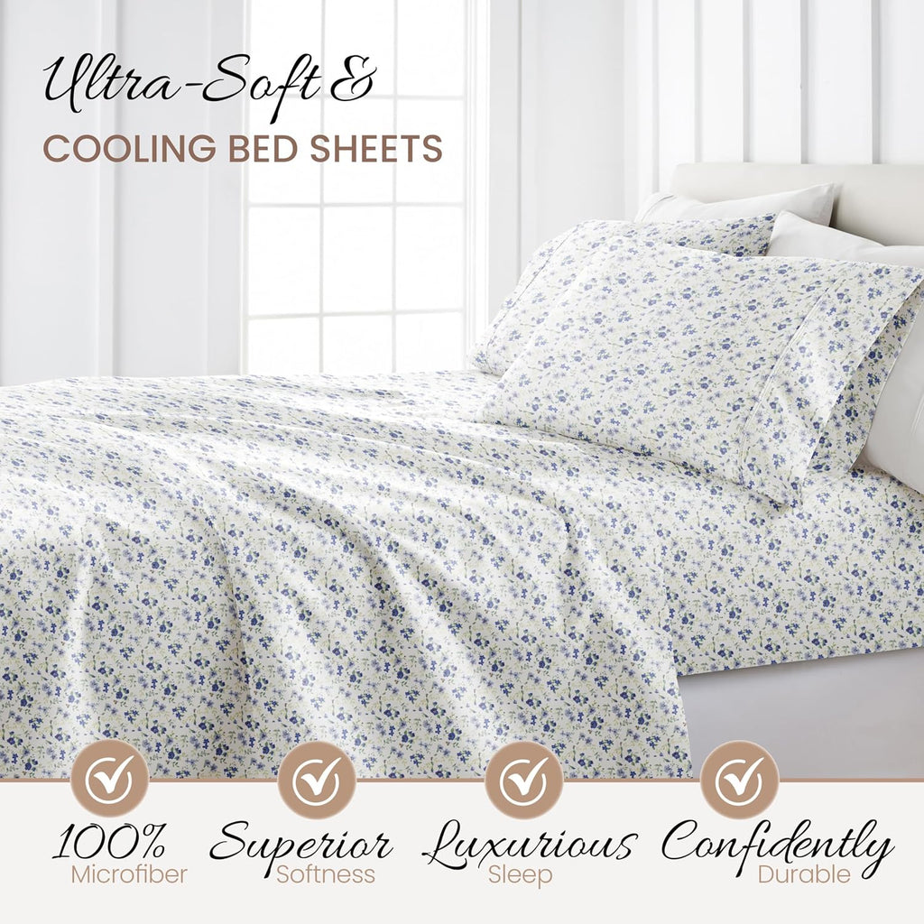 4 Piece Queen Sheet Set - Breathable, Double-Brushed Patterned Cooling Sheets – Ultra Soft & Wrinkle-Free 16" Deep-Pocket Queen Sheets - Easy Care Blossoms Light Blue