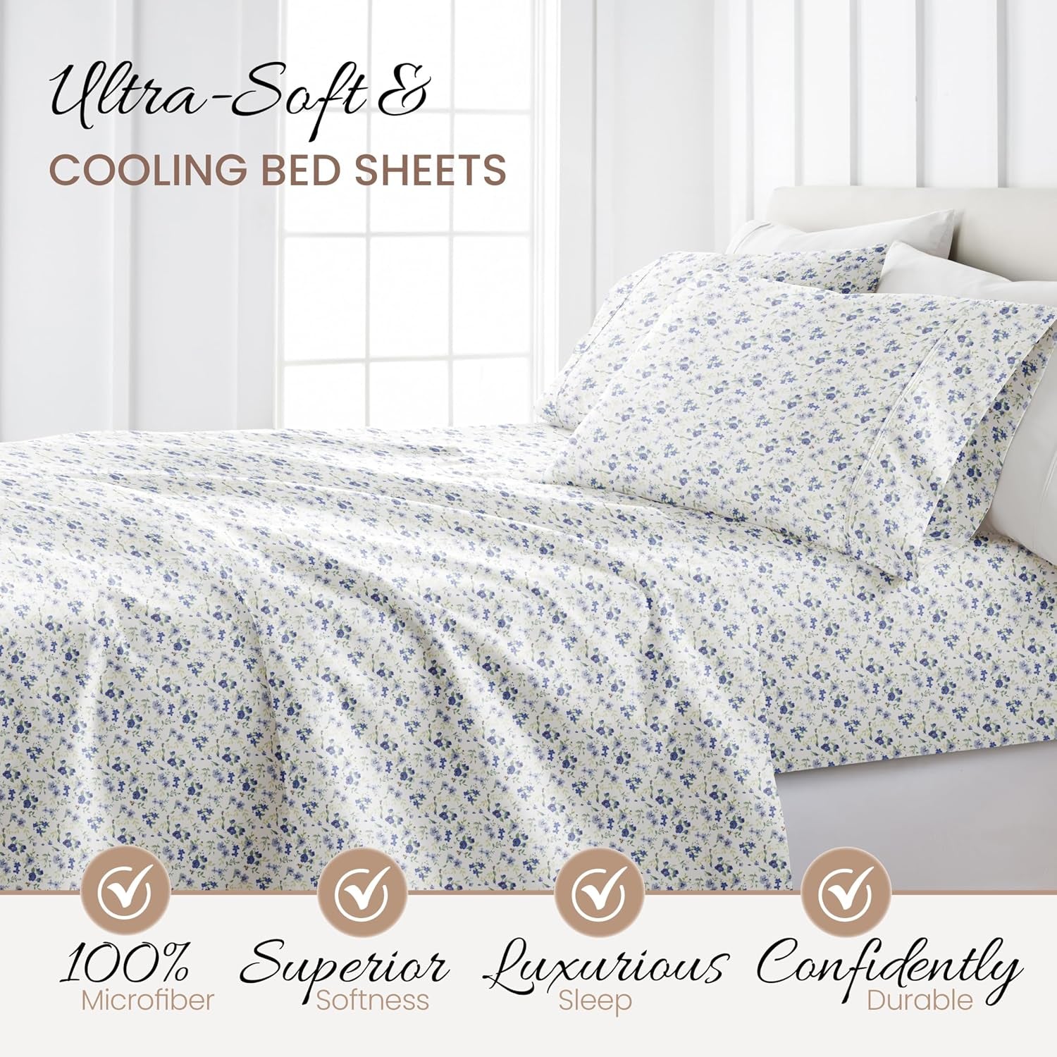4 Piece Queen Sheet Set - Breathable, Double-Brushed Patterned Cooling Sheets – Ultra Soft & Wrinkle-Free 16" Deep-Pocket Queen Sheets - Easy Care Blossoms Light Blue