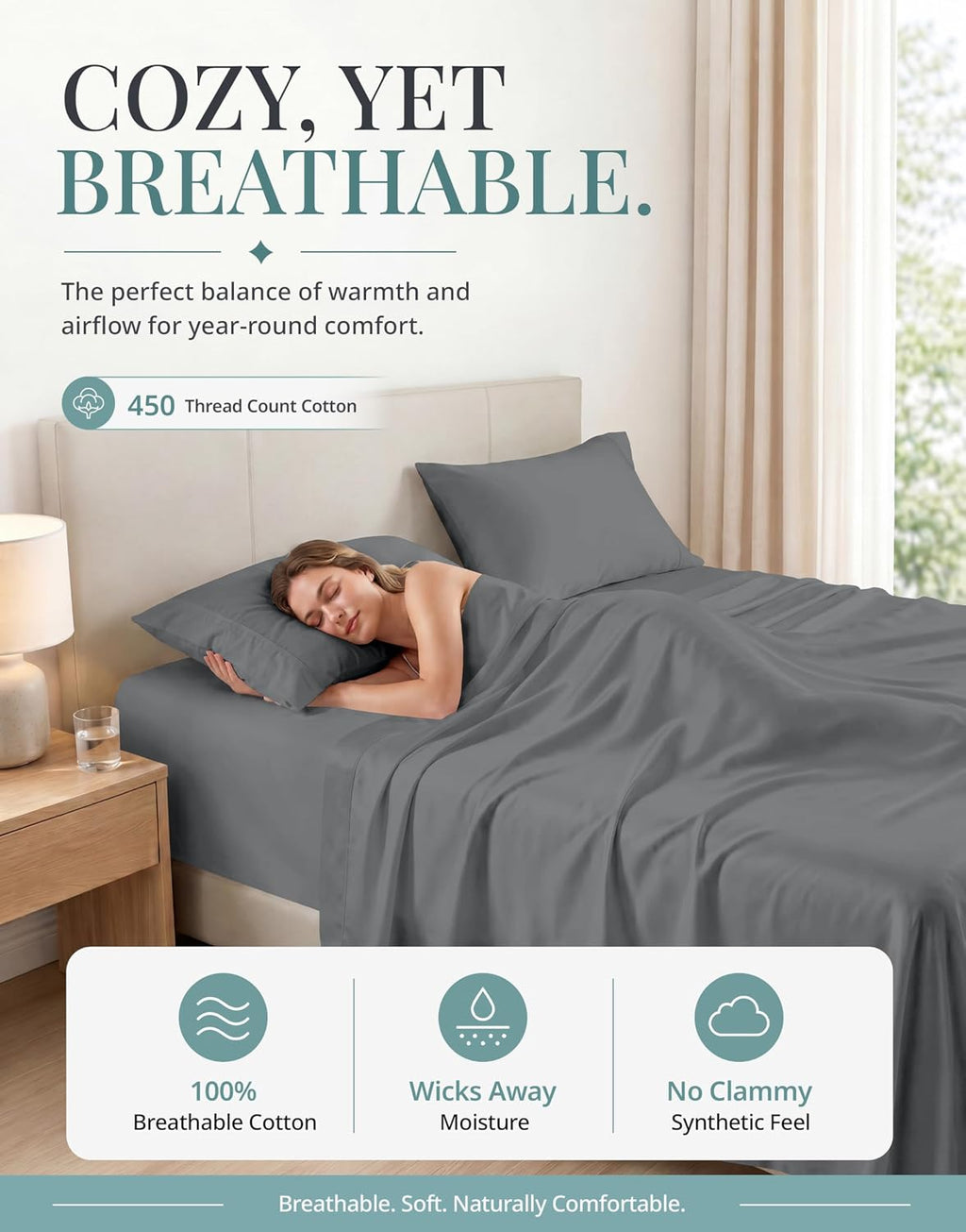 Bed Sheets Queen Size - 450TC 100% Cotton Sateen Weave, Charcoal | Soft, Breathable, Cooling & Silky Queen Sheet Set - 15 Inch Deep Pocket, OEKO-TEX Certified, Hotel Luxury