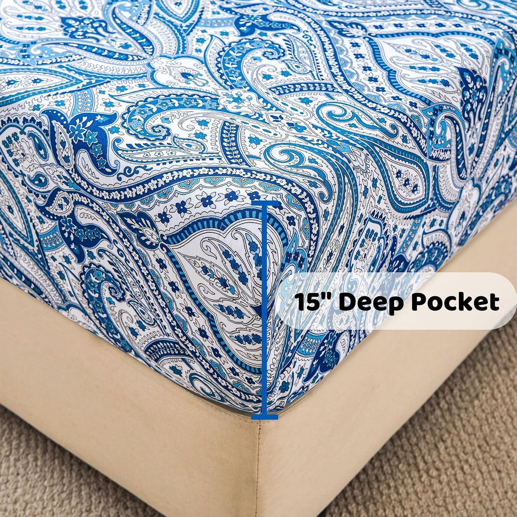 Blue Paisley Printed Queen Size Sheet Set, Blue Floral Sheets Queen, Cozy Microfiber Fitted Sheet with 15" Deep Pocket & Non-Slip Straps, Flower Patterned Sheets & Pillowcase Sets