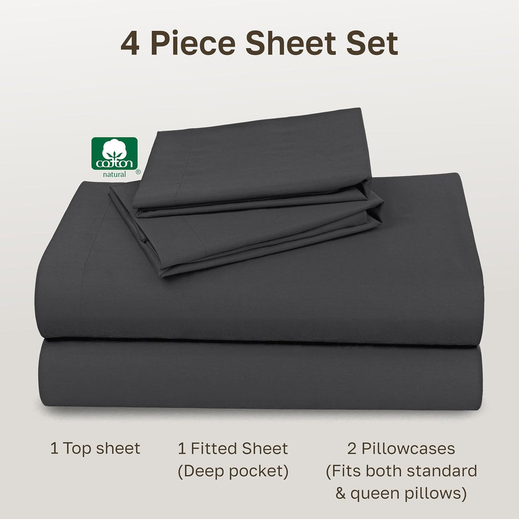 Soft Natural 100% Cotton Sateen Bed Sheets Queen Size, 4 Pc Set, Dark Grey | Backed by Good Housekeeping Seal, Light & Breathable for Hot Sleepers, 14" Deep Pocket, All-Around Elastic, Durable