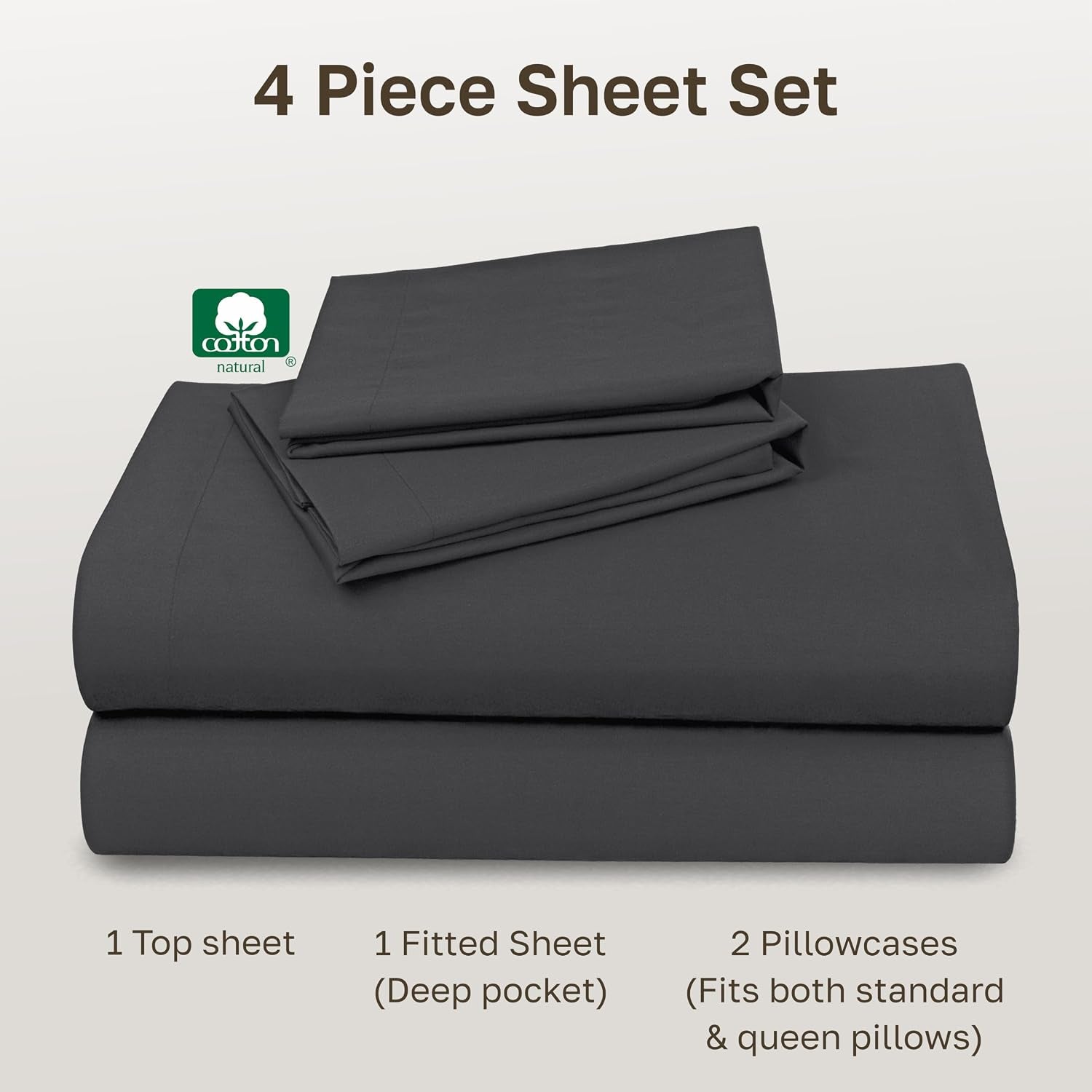 Soft Natural 100% Cotton Sateen Bed Sheets Queen Size, 4 Pc Set, Dark Grey | Backed by Good Housekeeping Seal, Light & Breathable for Hot Sleepers, 14" Deep Pocket, All-Around Elastic, Durable