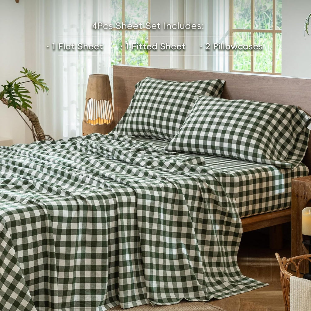Gingham Sheet Set 100% Washed Cotton Linen-Like Deep Pocket King | Relaxed Linen-Like Texture. Soft, Breathable & Lightweight Comfort. 15–19" Extra Deep Pocket with All-Around Elastic