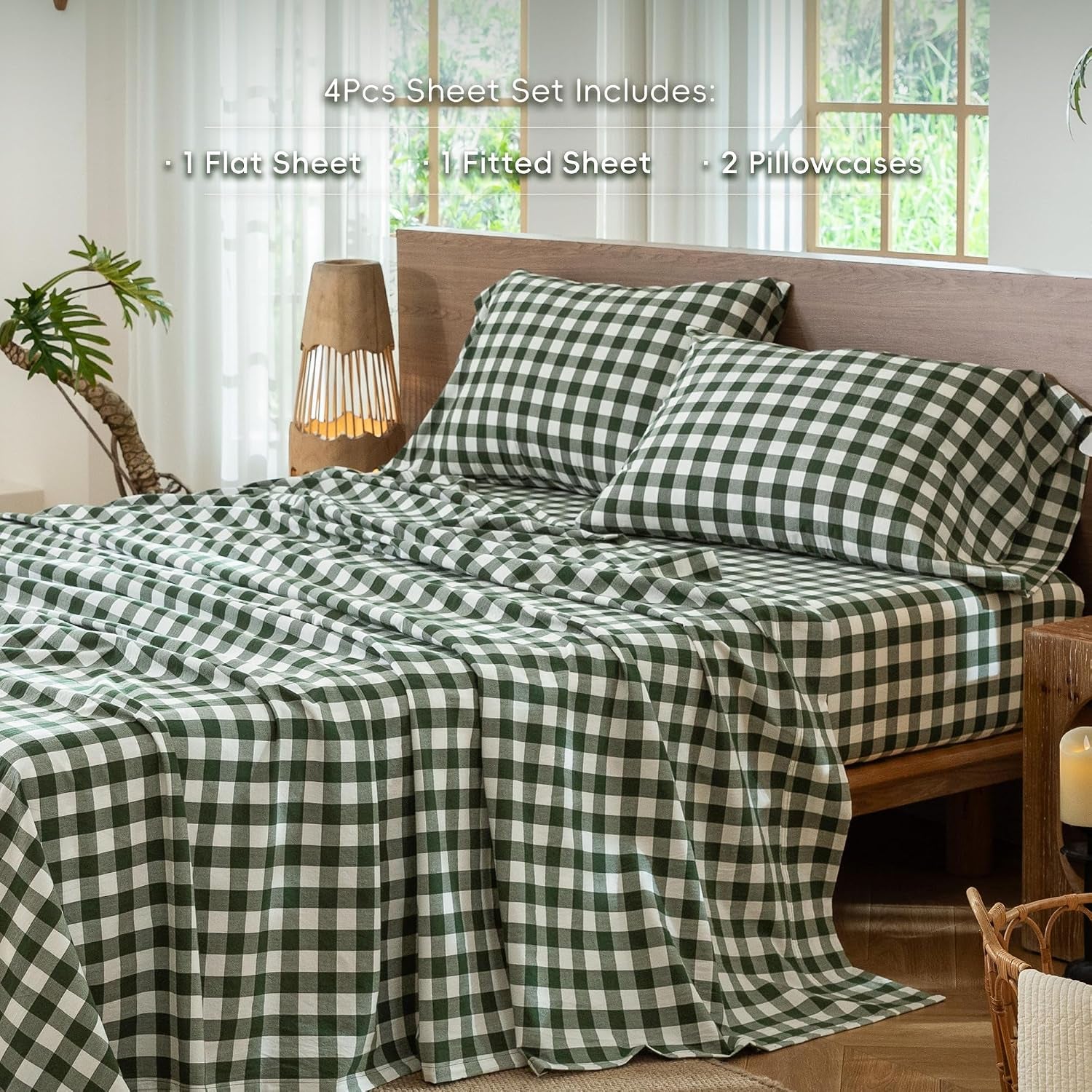 Gingham Sheet Set 100% Washed Cotton Linen-Like Deep Pocket King | Relaxed Linen-Like Texture. Soft, Breathable & Lightweight Comfort. 15–19" Extra Deep Pocket with All-Around Elastic