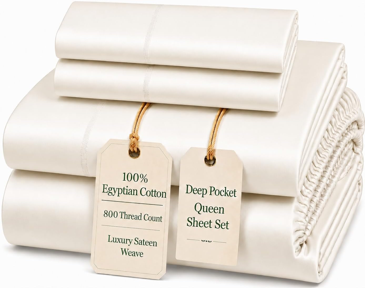Egyptian Cotton Sheets Queen Size Bed Set, 800TC Bed Sheets - Coconut Milk | 15" Deep Pocket Hotel Luxury Queen Size Sheets Set, OEKO-TEX Certified Soft Sateen Weave, Breathable & Cooling Sheets Queen