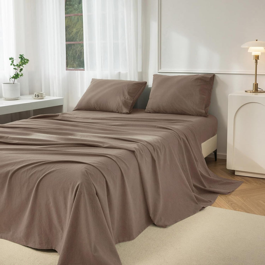 King Washed Cotton Sheet Set, 4-Piece, Relaxed Linen Feel | Deep Pocket Fits Mattresses up to 17". Flat Sheet & 2 Pillowcases. Naturally Soft & Breathable. Machine Washable.