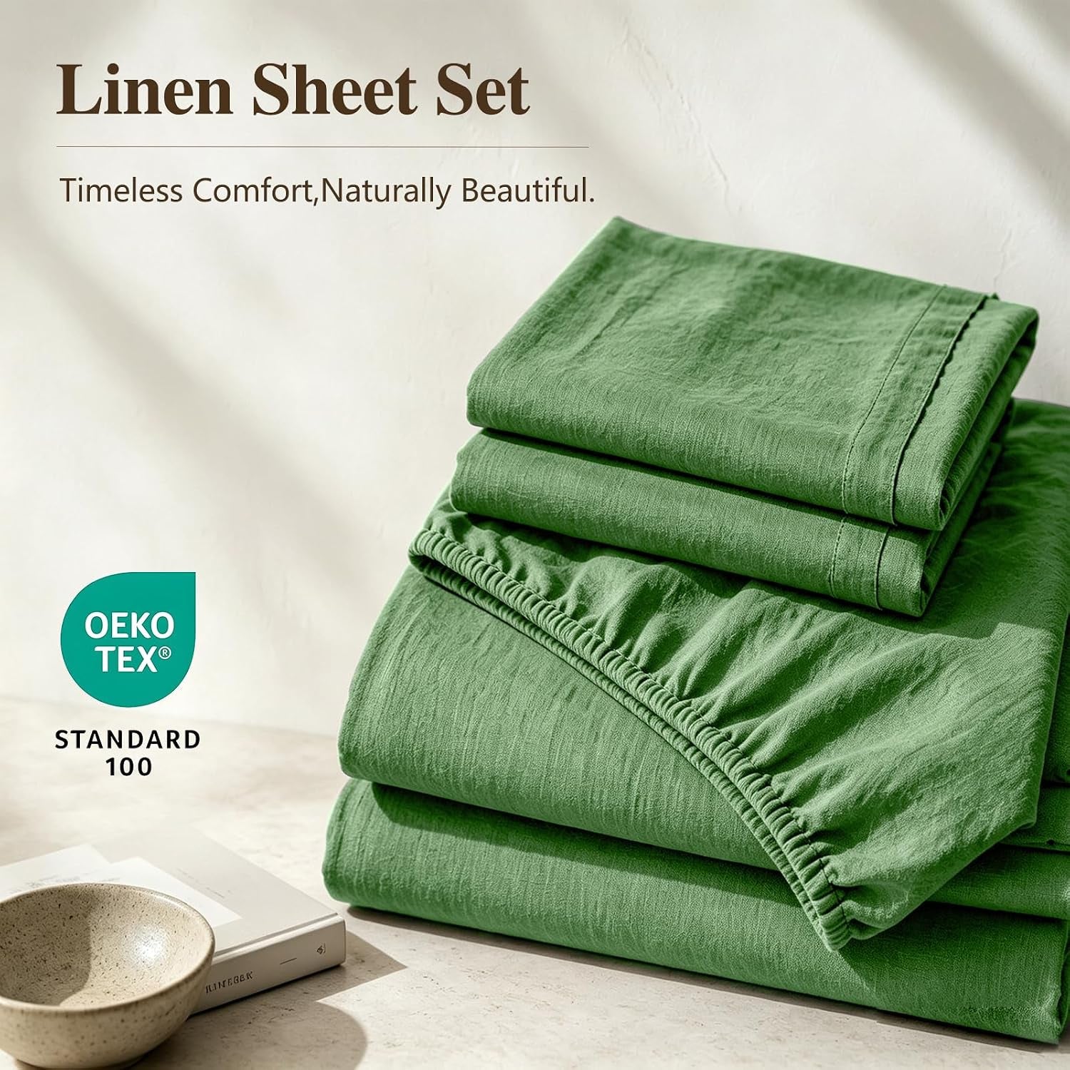 100% French Linen Sheets King,4 Pcs,16" Deep Pocket | Soft Durable Linen Sheets, Breathable, Anti-Tear, OEKO-TEX Certified, Easy Care Machine Washable