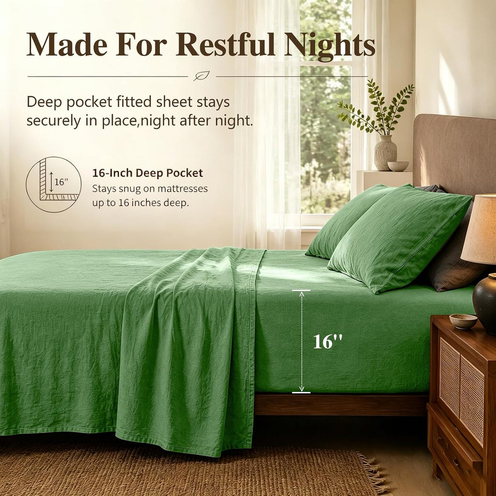 100% French Linen Sheets King,4 Pcs,16" Deep Pocket | Soft Durable Linen Sheets, Breathable, Anti-Tear, OEKO-TEX Certified, Easy Care Machine Washable