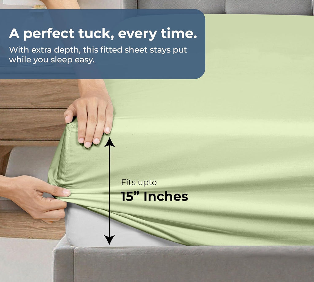 Royale Linen Fitted Sheet with Pillowcases - Queen Fitted Sheets with 2 Pillowcase - 300 Thread Count 100% Organic Cotton - Fit Mattress up to 18" Deep - Soft & Breathable - Sage Green (No Flat Sheet)