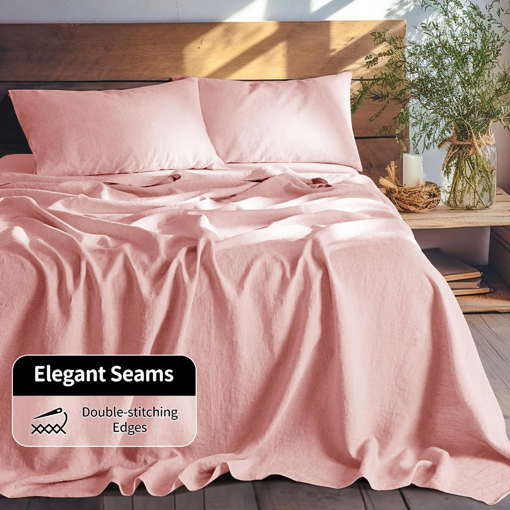 100% French Organic Linen Sheet Set 4Pcs, 16" Deep Pocket Queen Size | Pure Linen Bed Sheet, Natural Flax, Soft Breathable Sheets for Hot Sleepers, Durable, and Cozy for All Seasons, Blush Pink
