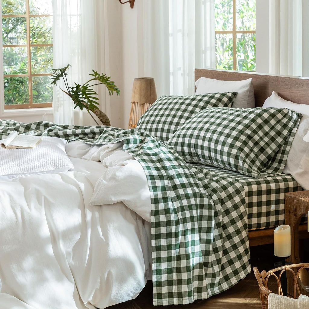 Gingham Sheet Set 100% Washed Cotton Linen-Like Deep Pocket King | Relaxed Linen-Like Texture. Soft, Breathable & Lightweight Comfort. 15–19" Extra Deep Pocket with All-Around Elastic