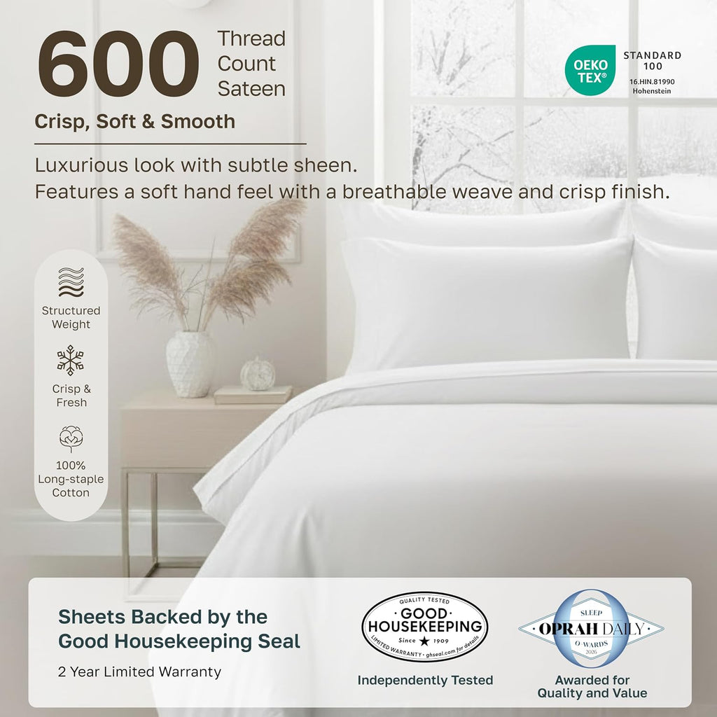 600 Thread Count Twin Bed Sheets Cotton Set | 100% Cotton Sateen Backed by Good Housekeeping Seal, Soft & Smooth, All-Around Elastic, Durable, 3 Pc - Antique Ivory Mist