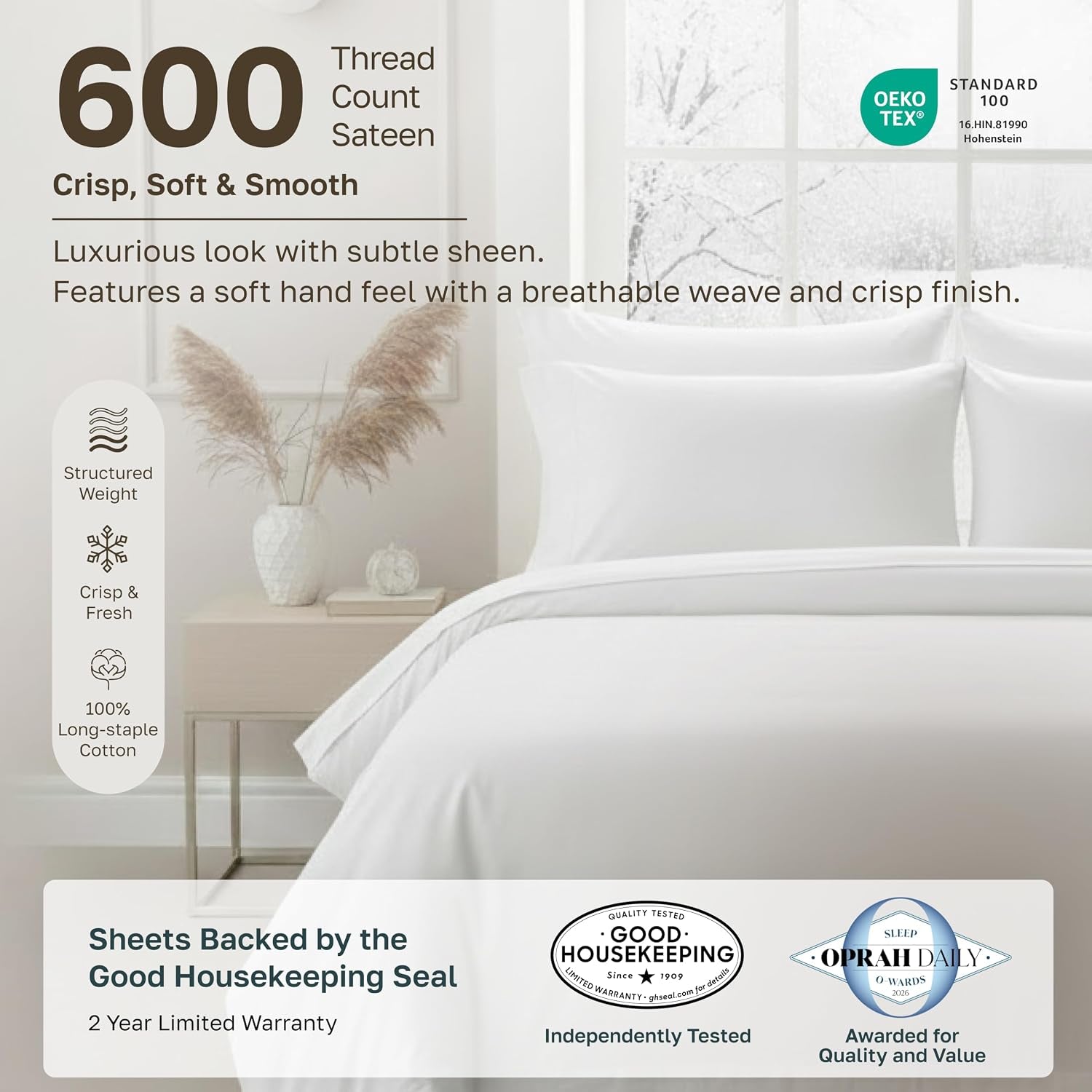600 Thread Count Twin Bed Sheets Cotton Set | 100% Cotton Sateen Backed by Good Housekeeping Seal, Soft & Smooth, All-Around Elastic, Durable, 3 Pc - Antique Ivory Mist