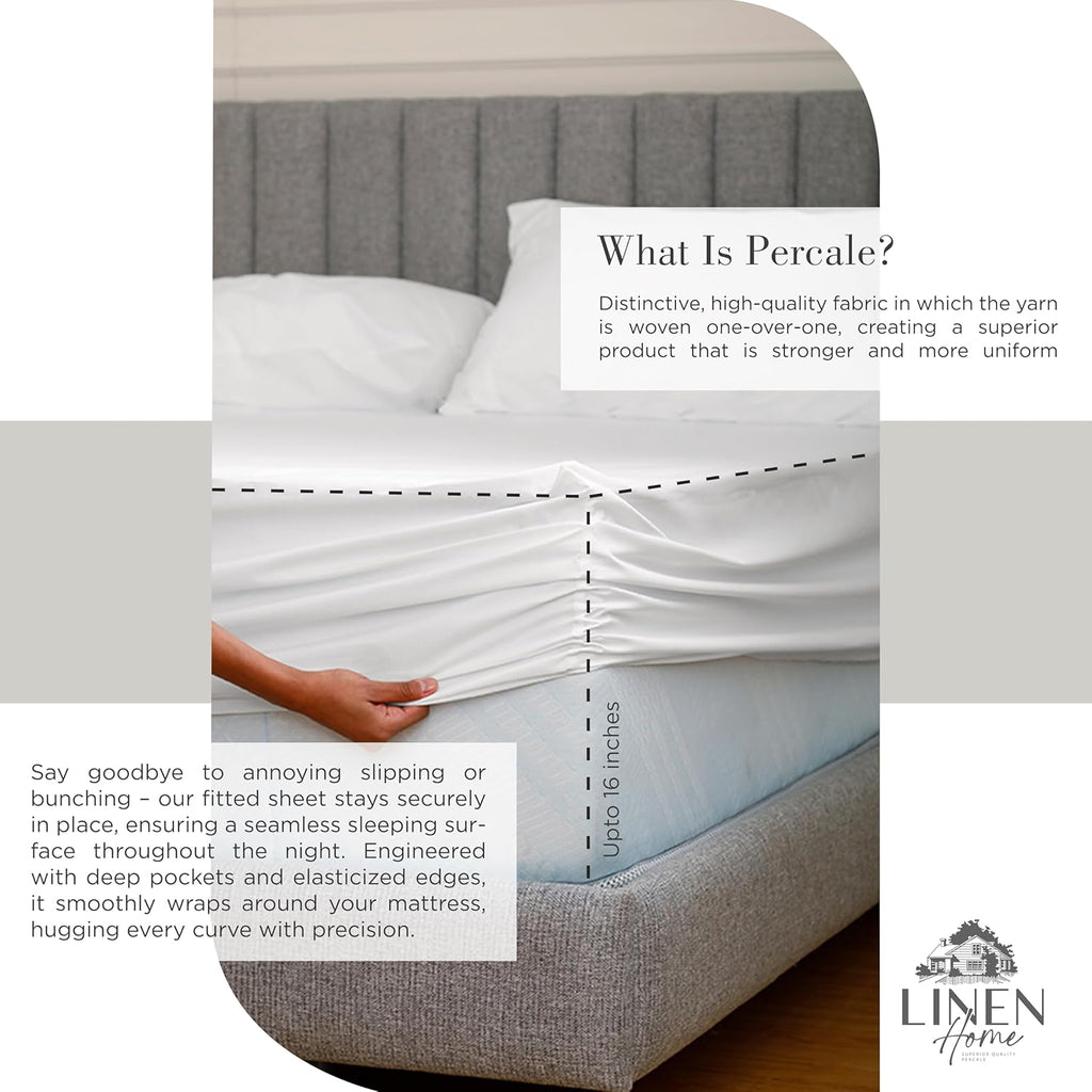 100% Cotton Percale Sheets Queen Size, White, Deep Pocket, 4 Pieces Set - 1 Flat, 1 Deep Pocket Fitted Sheet and 2 Pillowcases, Crisp Cool and Strong Bed Linen