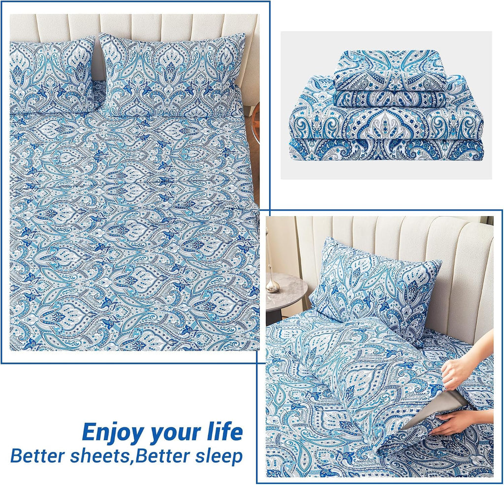 Blue Paisley Printed Queen Size Sheet Set, Blue Floral Sheets Queen, Cozy Microfiber Fitted Sheet with 15" Deep Pocket & Non-Slip Straps, Flower Patterned Sheets & Pillowcase Sets