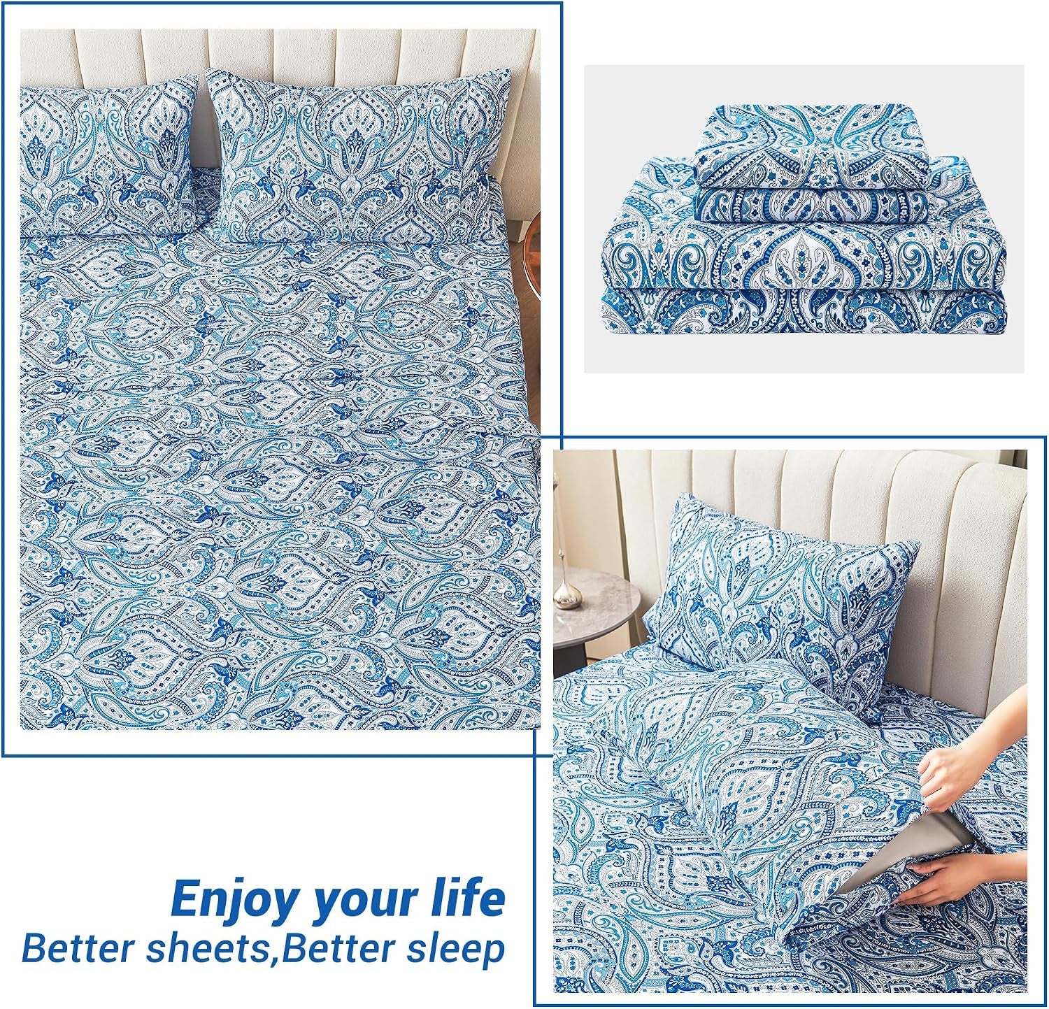 Blue Paisley Printed Queen Size Sheet Set, Blue Floral Sheets Queen, Cozy Microfiber Fitted Sheet with 15" Deep Pocket & Non-Slip Straps, Flower Patterned Sheets & Pillowcase Sets