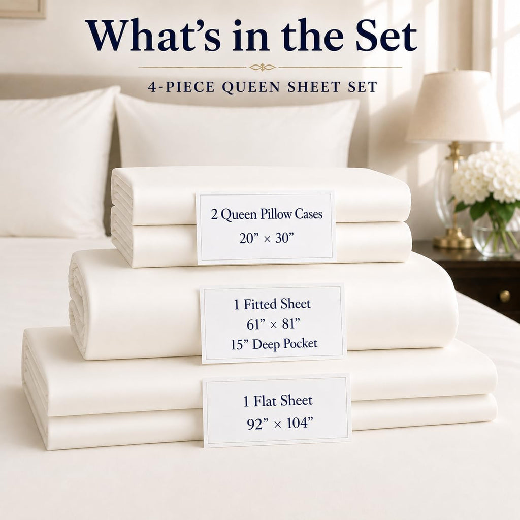 Egyptian Cotton Sheets Queen Size Bed Set, 800TC Bed Sheets - Coconut Milk | 15" Deep Pocket Hotel Luxury Queen Size Sheets Set, OEKO-TEX Certified Soft Sateen Weave, Breathable & Cooling Sheets Queen