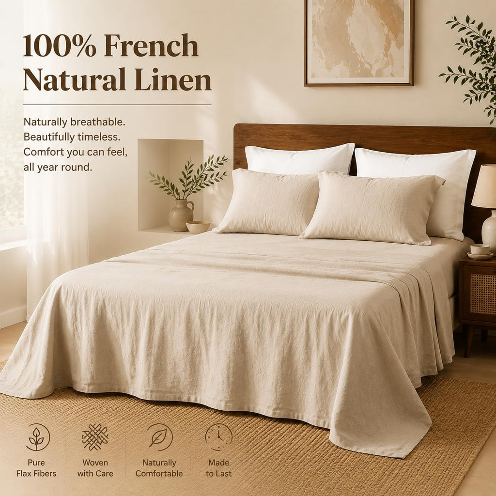 100% French Linen Sheets King,4 Pcs,18-24" Extra Deep Pocket | Soft Durable Linen Sheets, Breathable, Anti-Tear, OEKO-TEX Certified, Easy Care Machine Washable