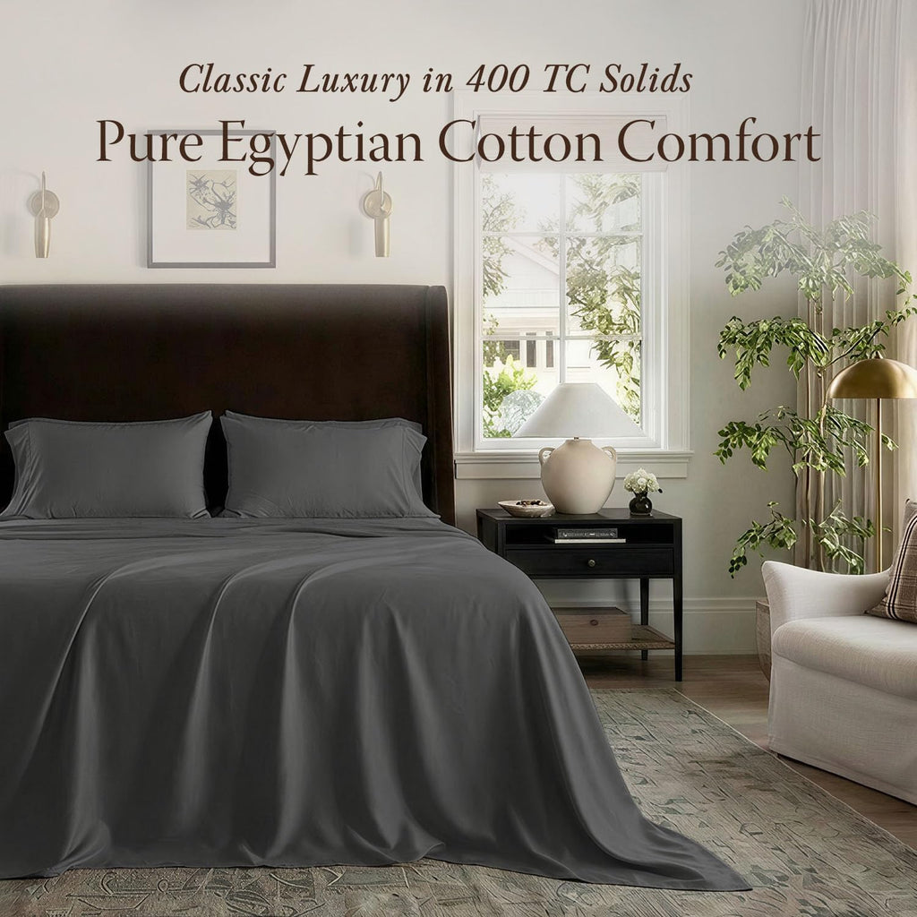400TC Egyptian Cotton Queen Sheet Set, Sateen, Dark Grey, 4-Pc | 100% Egyptian Cotton, Sateen Weave, 4-Piece Set, 16" Deep Pocket, Cooling, OEKO-TEX Certified, Machine Washable