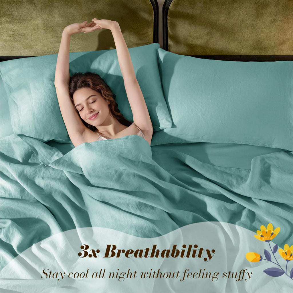 100% French Linen King Size Sheets Set,Natural Flax Bedding | Cooling for Hot Sleepers,Anti-Tear,Breathable Durable,16" Deep Pocket,Machine Washable,4Pc,Aqua